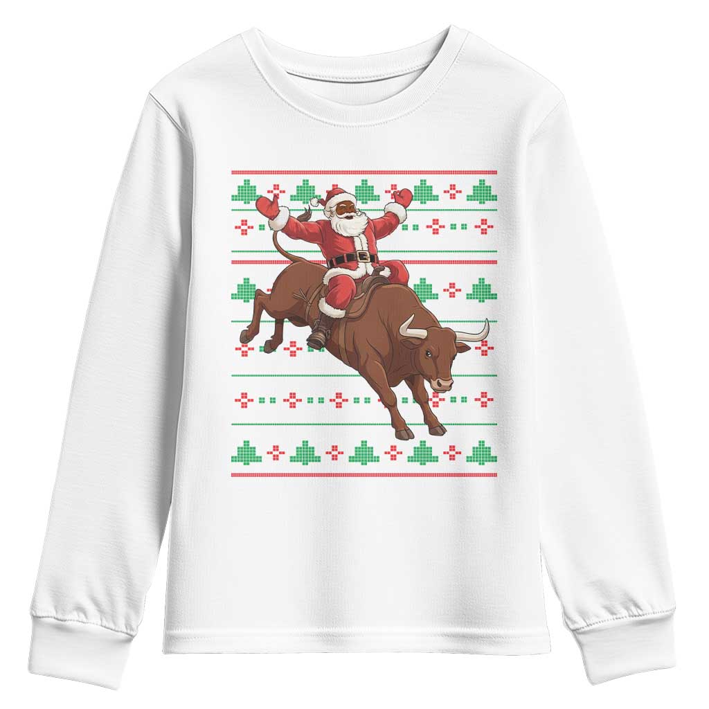 Funny Black Santa Riding Bull Youth Sweatshirt Ugly Christmas Sweater Gift TS12 White Print Your Wear