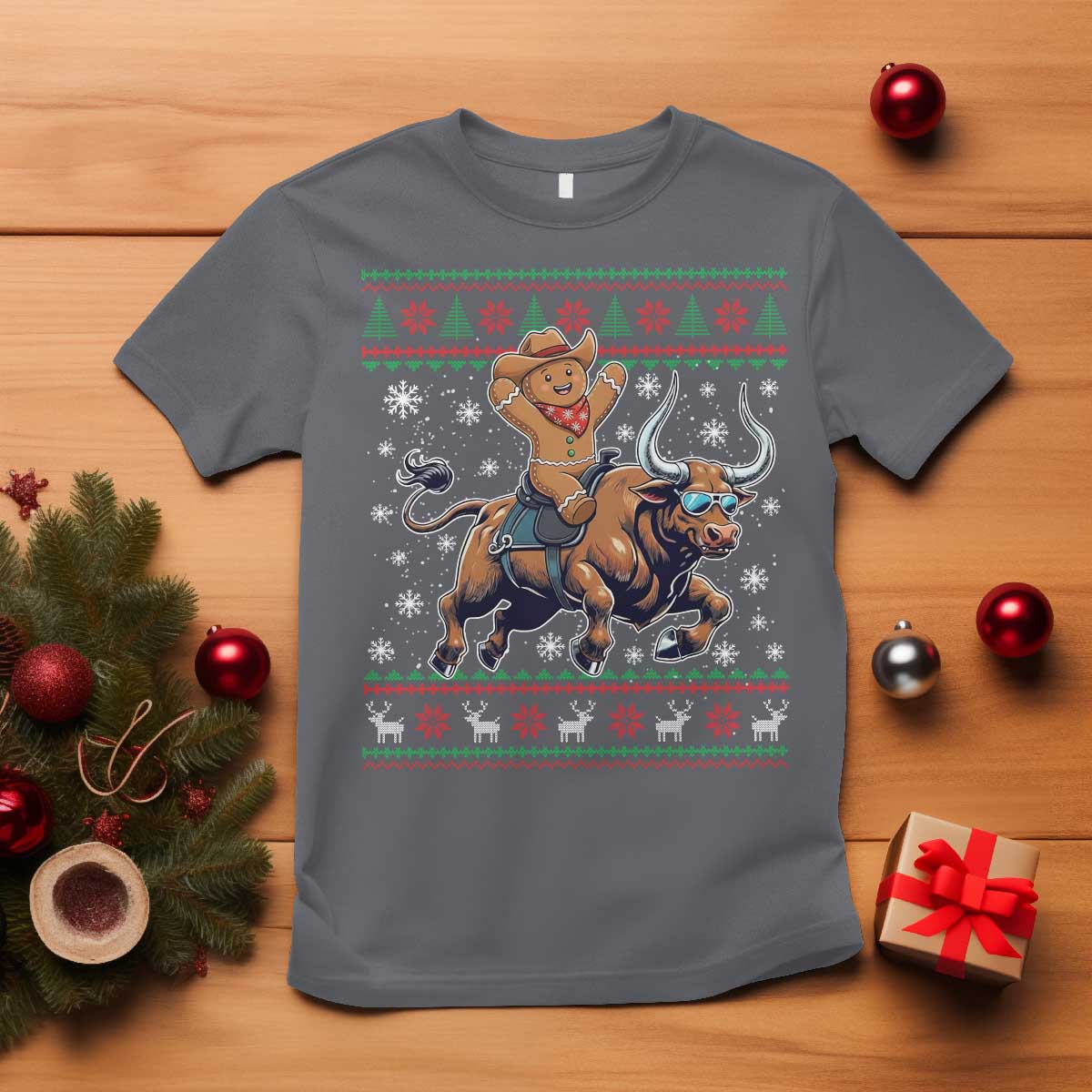 Funny Gingerbread Man Riding Bull T Shirt Cowboy Western Rodeo Christmas Gift TS12 Charcoal Print Your Wear