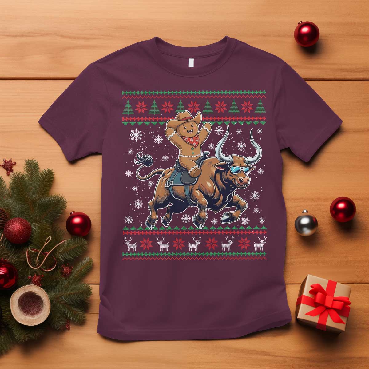 Funny Gingerbread Man Riding Bull T Shirt Cowboy Western Rodeo Christmas Gift TS12 Maroon Print Your Wear