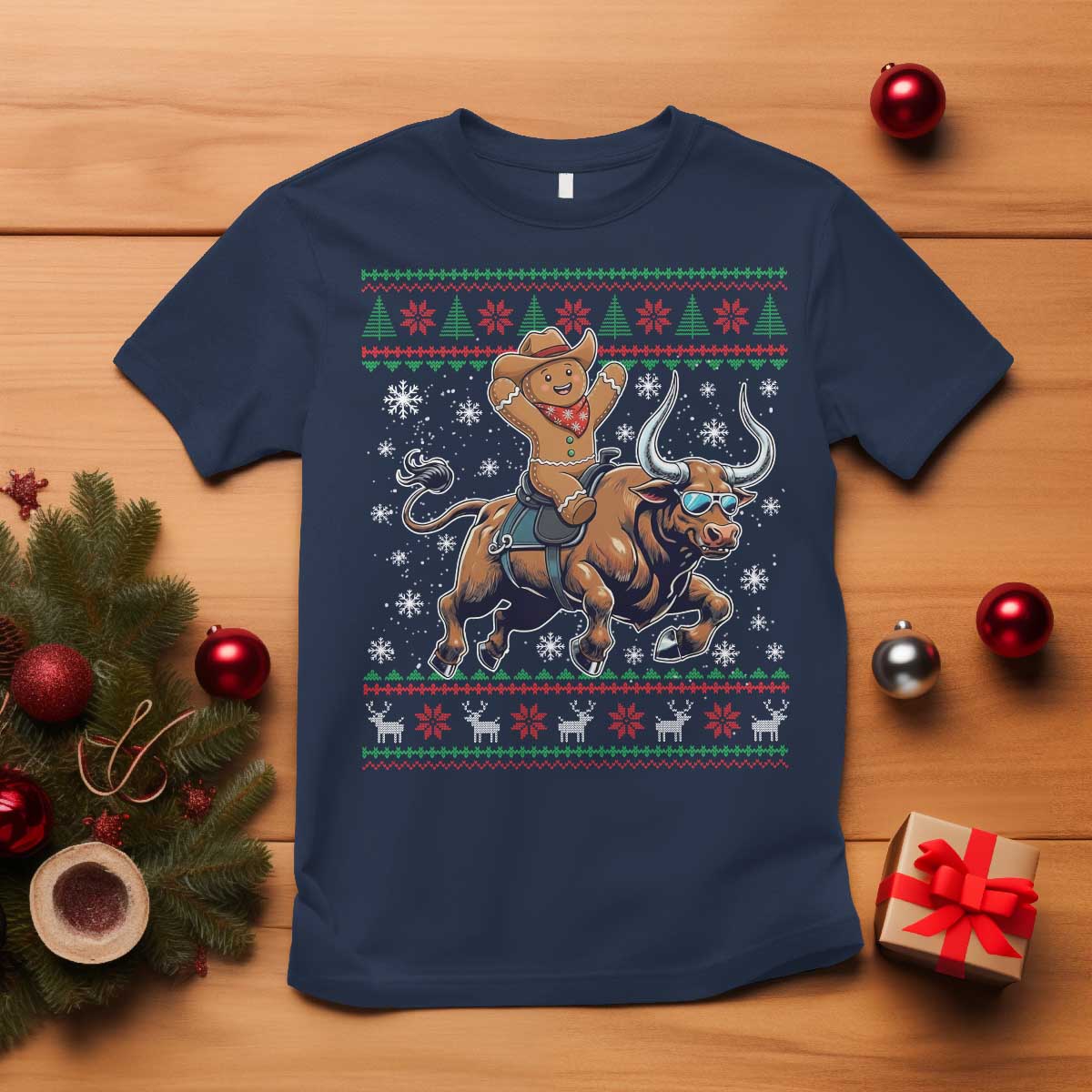 Funny Gingerbread Man Riding Bull T Shirt Cowboy Western Rodeo Christmas Gift TS12 Navy Print Your Wear