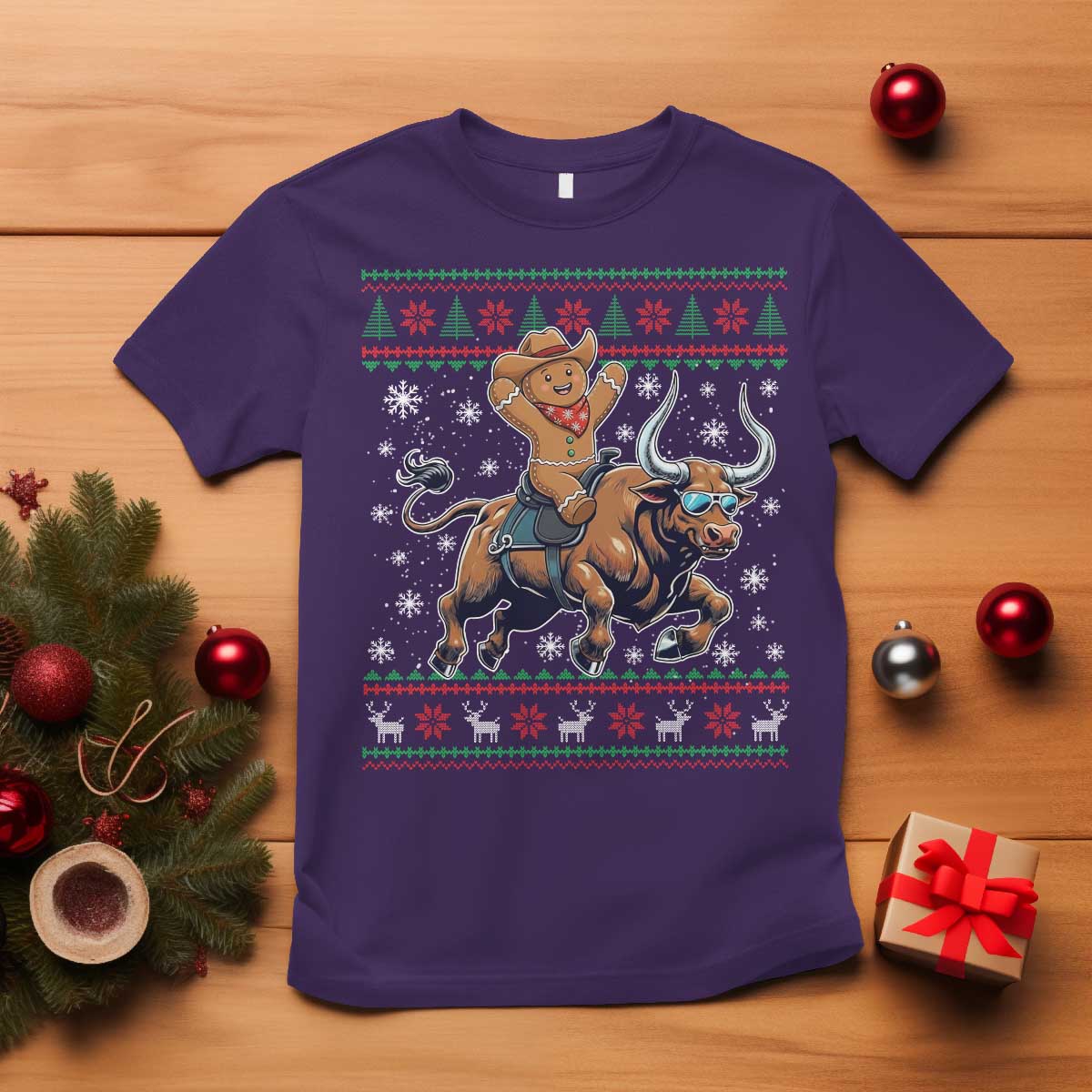 Funny Gingerbread Man Riding Bull T Shirt Cowboy Western Rodeo Christmas Gift TS12 Purple Print Your Wear