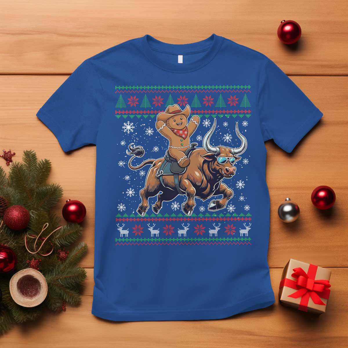 Funny Gingerbread Man Riding Bull T Shirt Cowboy Western Rodeo Christmas Gift TS12 Royal Blue Print Your Wear