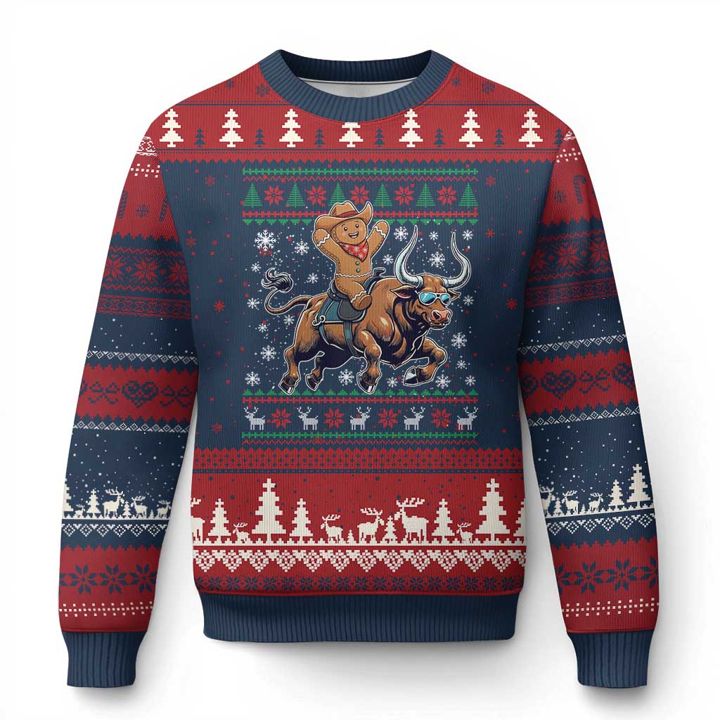 Funny Gingerbread Man Riding Bull Ugly Christmas Sweater Cowboy Western Rodeo Xmas Gift TS12 Navy Red Print Your Wear