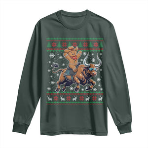 Funny Gingerbread Man Riding Bull Long Sleeve Shirt Cowboy Western Rodeo Christmas Gift TS12 Dark Forest Green Print Your Wear