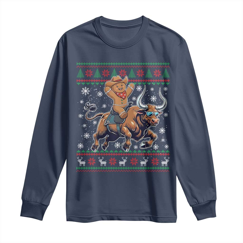 Funny Gingerbread Man Riding Bull Long Sleeve Shirt Cowboy Western Rodeo Christmas Gift TS12 Navy Print Your Wear