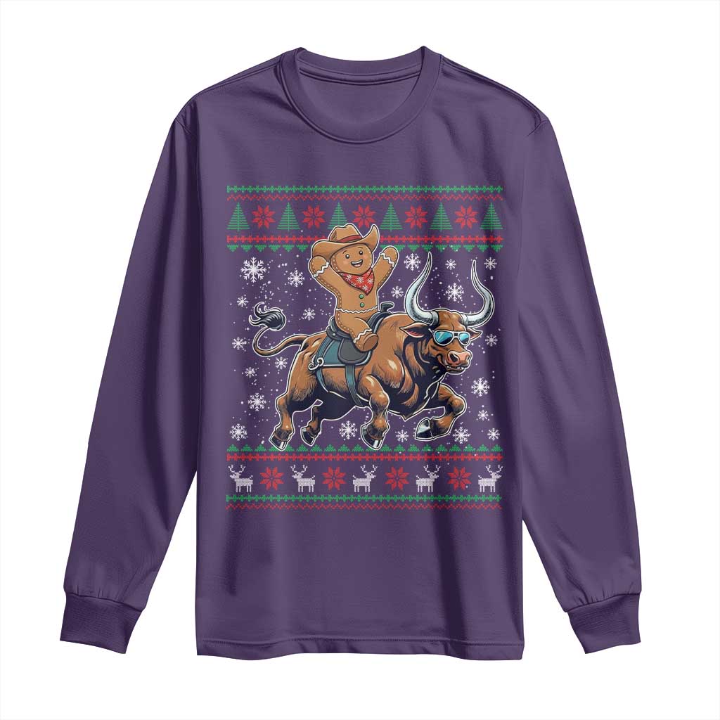 Funny Gingerbread Man Riding Bull Long Sleeve Shirt Cowboy Western Rodeo Christmas Gift TS12 Purple Print Your Wear