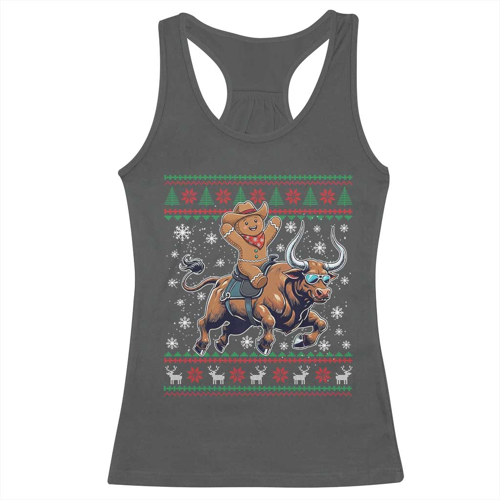 Funny Gingerbread Man Riding Bull Racerback Tank Top Cowboy Western Rodeo Christmas Gift TS12 Dark Heather Print Your Wear