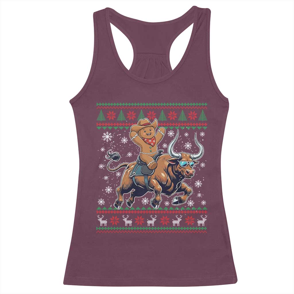 Funny Gingerbread Man Riding Bull Racerback Tank Top Cowboy Western Rodeo Christmas Gift TS12 Maroon Print Your Wear