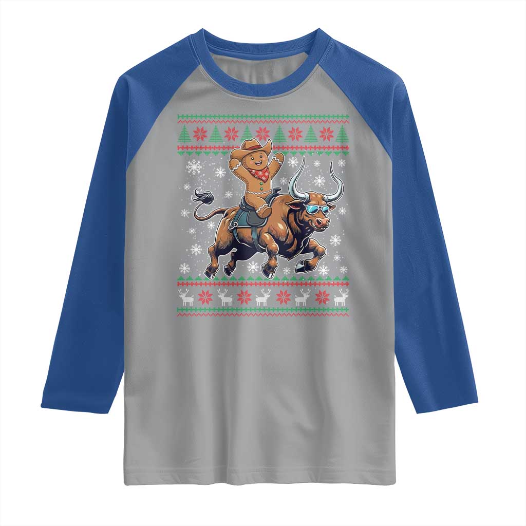 Funny Gingerbread Man Riding Bull Raglan Shirt Cowboy Western Rodeo Christmas Gift TS12 Sport Gray Royal Print Your Wear