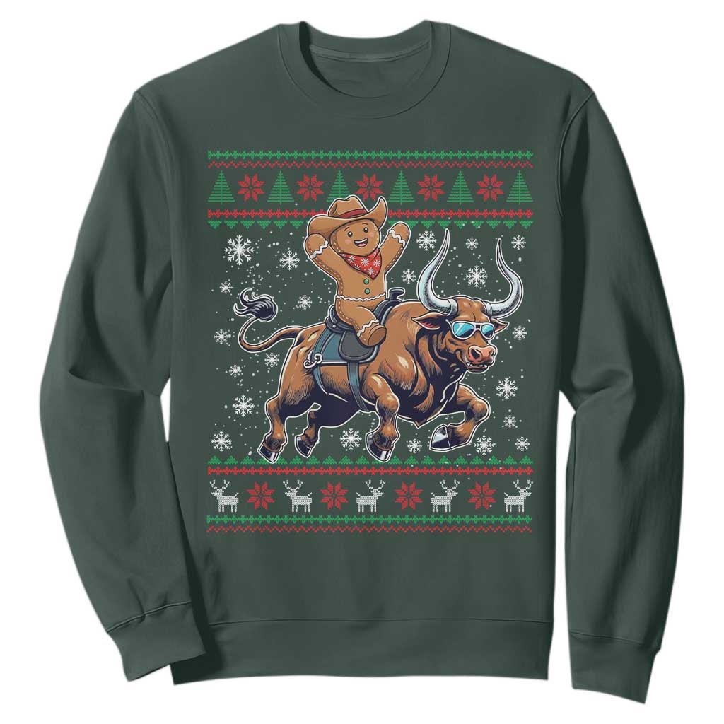 Funny Gingerbread Man Riding Bull Sweatshirt Cowboy Western Rodeo Christmas Gift TS12 Dark Forest Green Print Your Wear