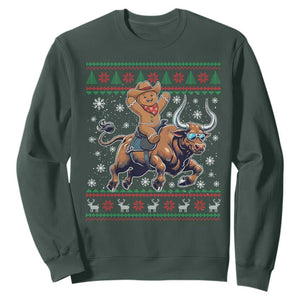 Funny Gingerbread Man Riding Bull Sweatshirt Cowboy Western Rodeo Christmas Gift TS12 Dark Forest Green Print Your Wear