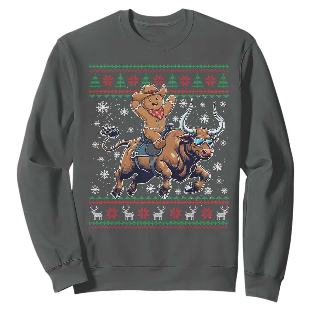 Funny Gingerbread Man Riding Bull Sweatshirt Cowboy Western Rodeo Christmas Gift TS12 Dark Heather Print Your Wear
