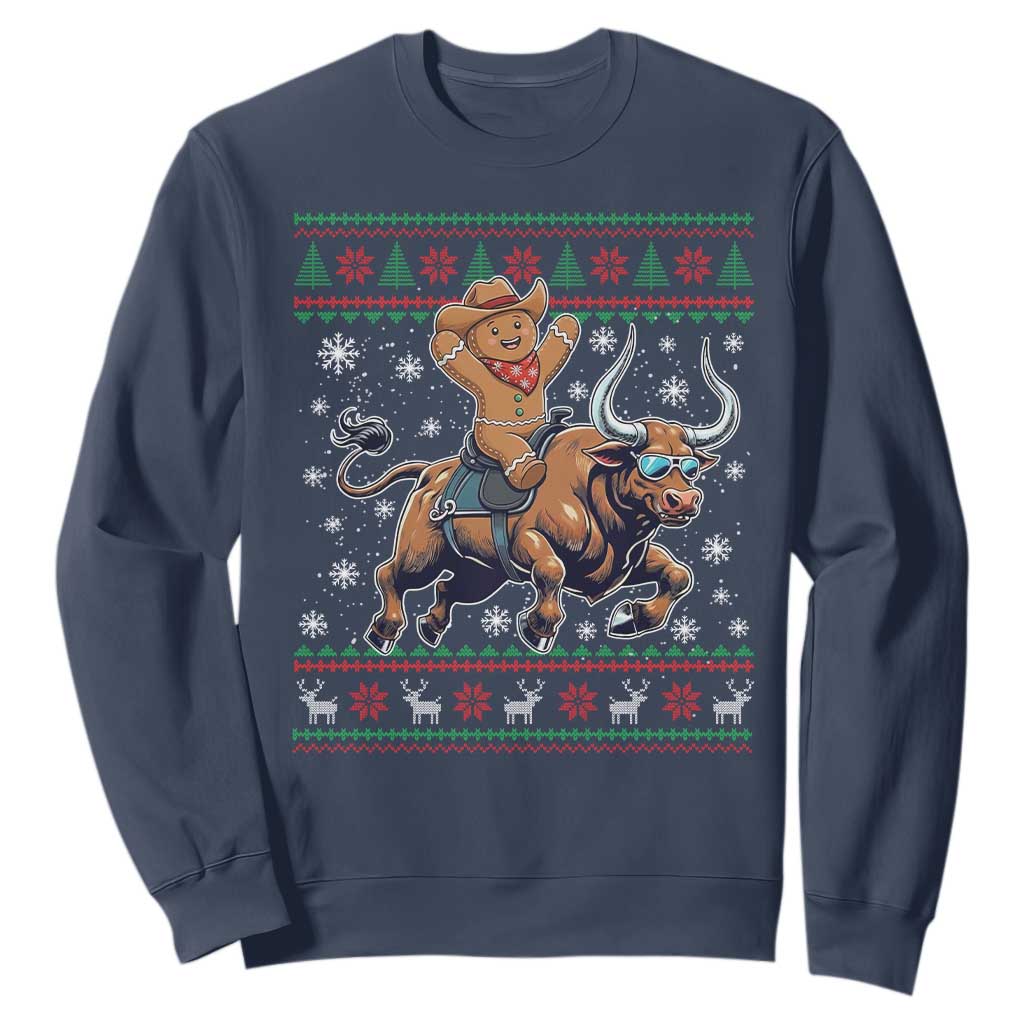 Funny Gingerbread Man Riding Bull Sweatshirt Cowboy Western Rodeo Christmas Gift TS12 Navy Print Your Wear