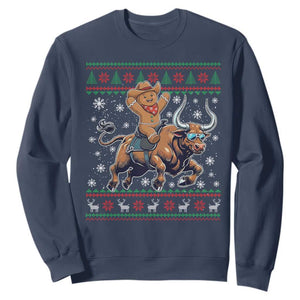 Funny Gingerbread Man Riding Bull Sweatshirt Cowboy Western Rodeo Christmas Gift TS12 Navy Print Your Wear
