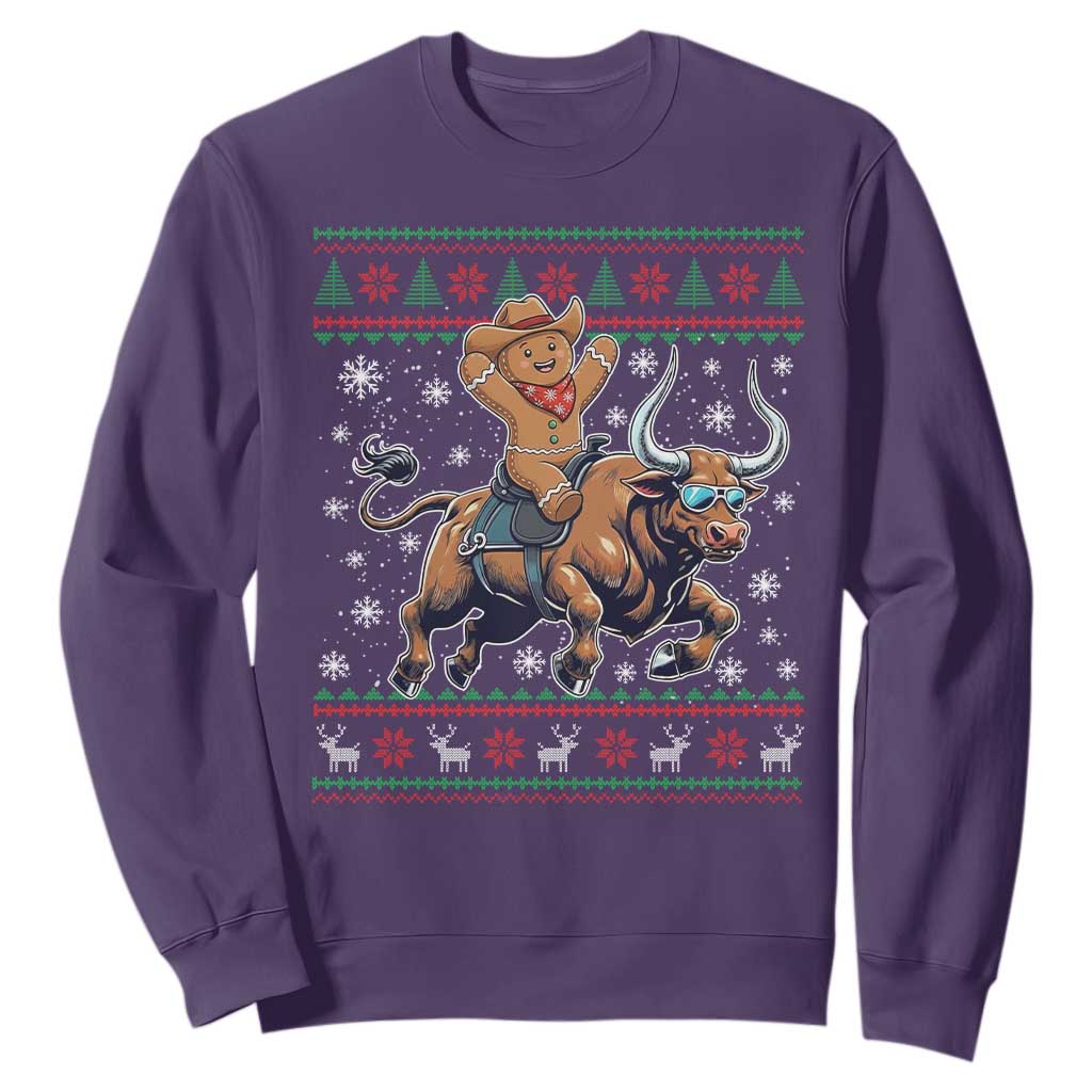 Funny Gingerbread Man Riding Bull Sweatshirt Cowboy Western Rodeo Christmas Gift TS12 Purple Print Your Wear