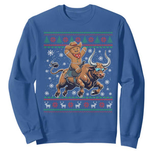 Funny Gingerbread Man Riding Bull Sweatshirt Cowboy Western Rodeo Christmas Gift TS12 Royal Blue Print Your Wear