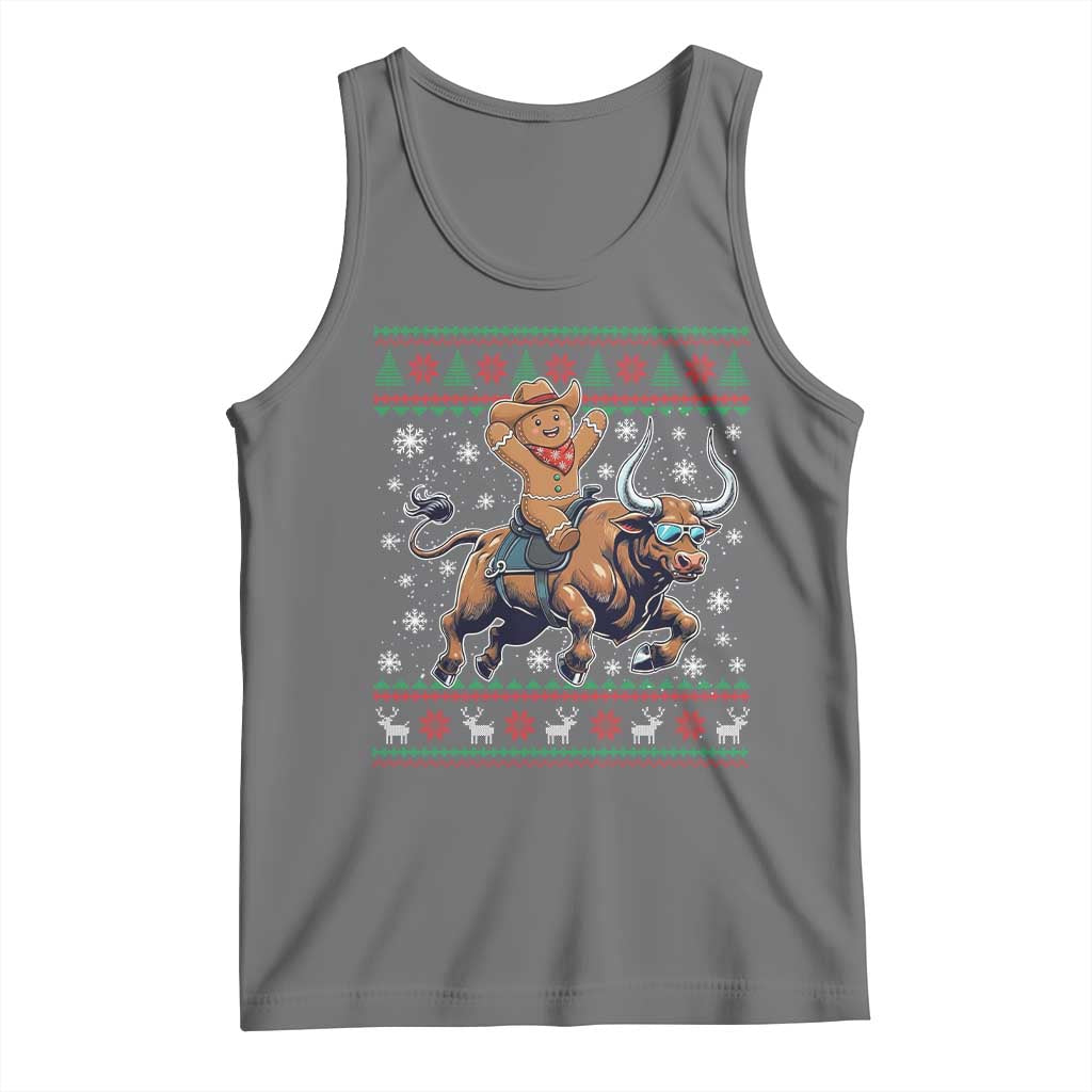 Funny Gingerbread Man Riding Bull Tank Top Cowboy Western Rodeo Christmas Gift TS12 Black Heather Print Your Wear