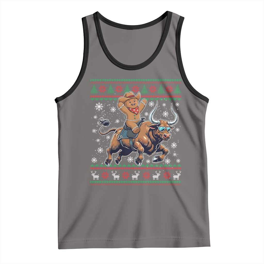 Funny Gingerbread Man Riding Bull Tank Top Cowboy Western Rodeo Christmas Gift TS12 Deep Heather Black Print Your Wear