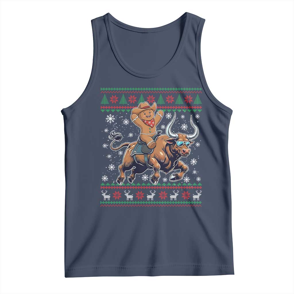 Funny Gingerbread Man Riding Bull Tank Top Cowboy Western Rodeo Christmas Gift TS12 Navy Print Your Wear
