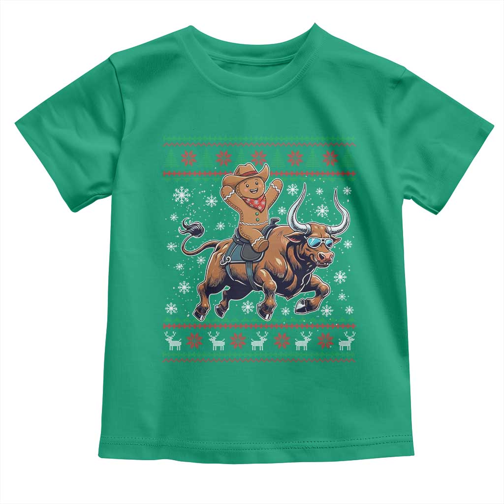 Funny Gingerbread Man Riding Bull Toddler T Shirt Cowboy Western Rodeo Christmas Gift TS12 Irish Green Print Your Wear