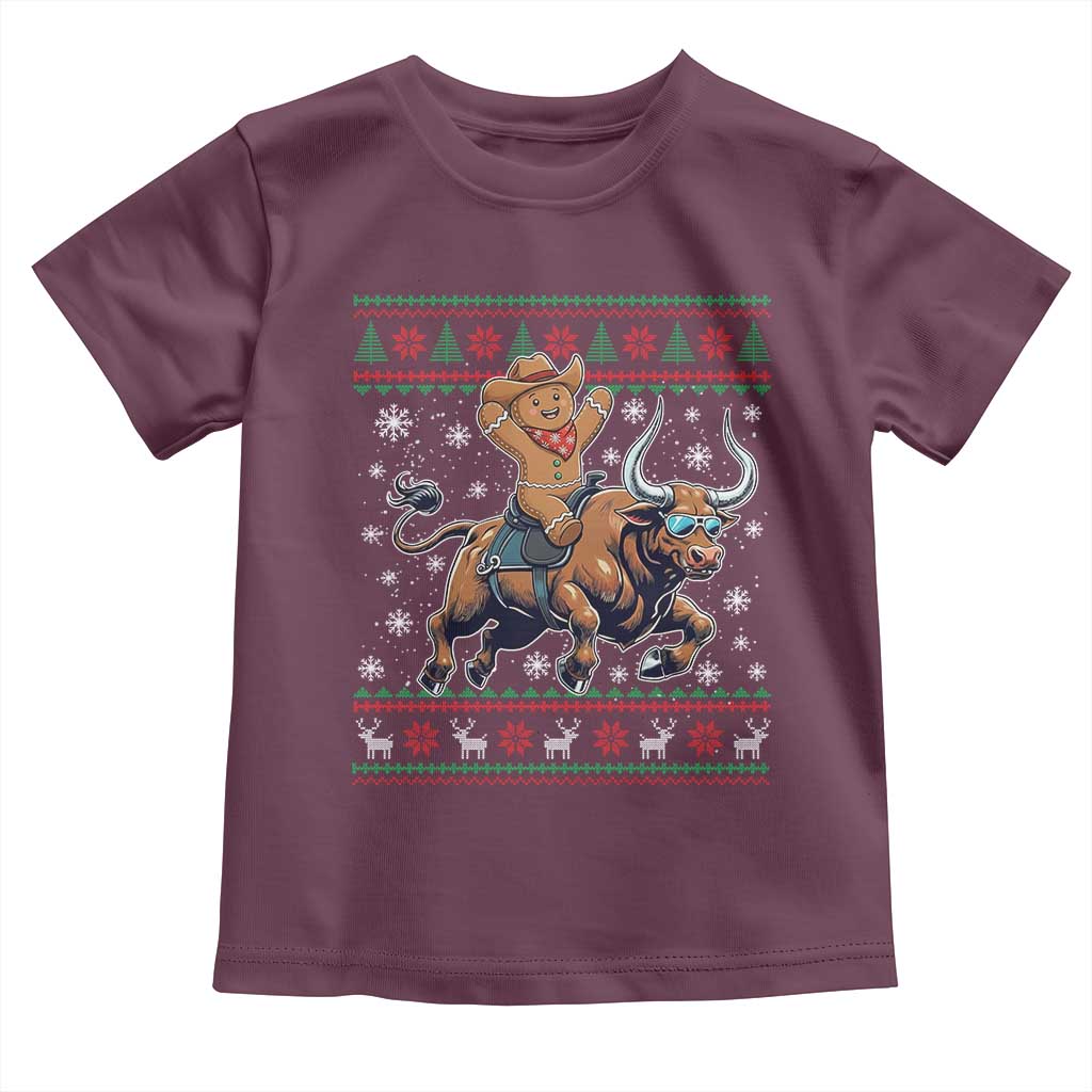 Funny Gingerbread Man Riding Bull Toddler T Shirt Cowboy Western Rodeo Christmas Gift TS12 Maroon Print Your Wear