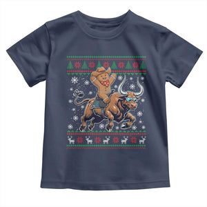 Funny Gingerbread Man Riding Bull Toddler T Shirt Cowboy Western Rodeo Christmas Gift TS12 Navy Print Your Wear