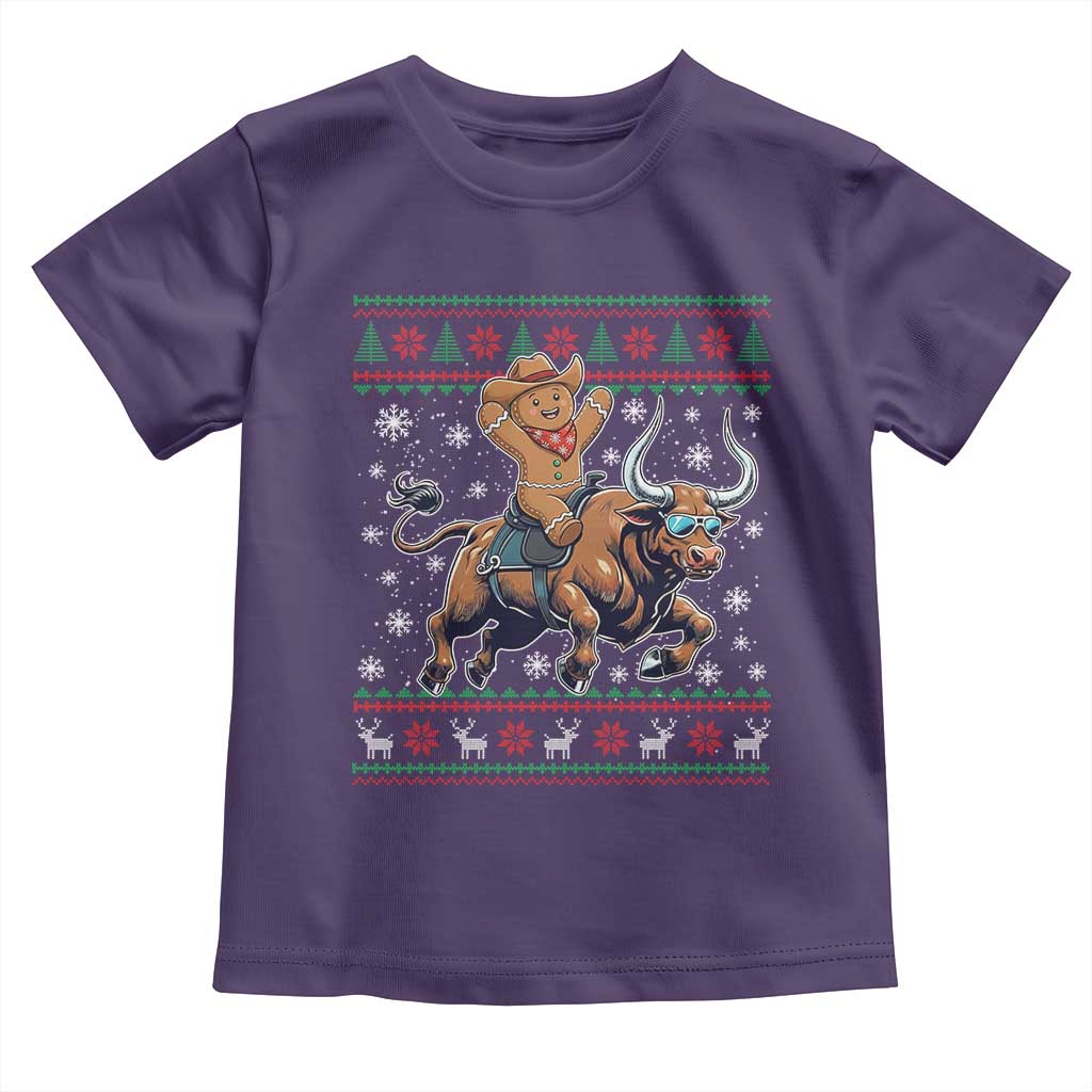 Funny Gingerbread Man Riding Bull Toddler T Shirt Cowboy Western Rodeo Christmas Gift TS12 Purple Print Your Wear