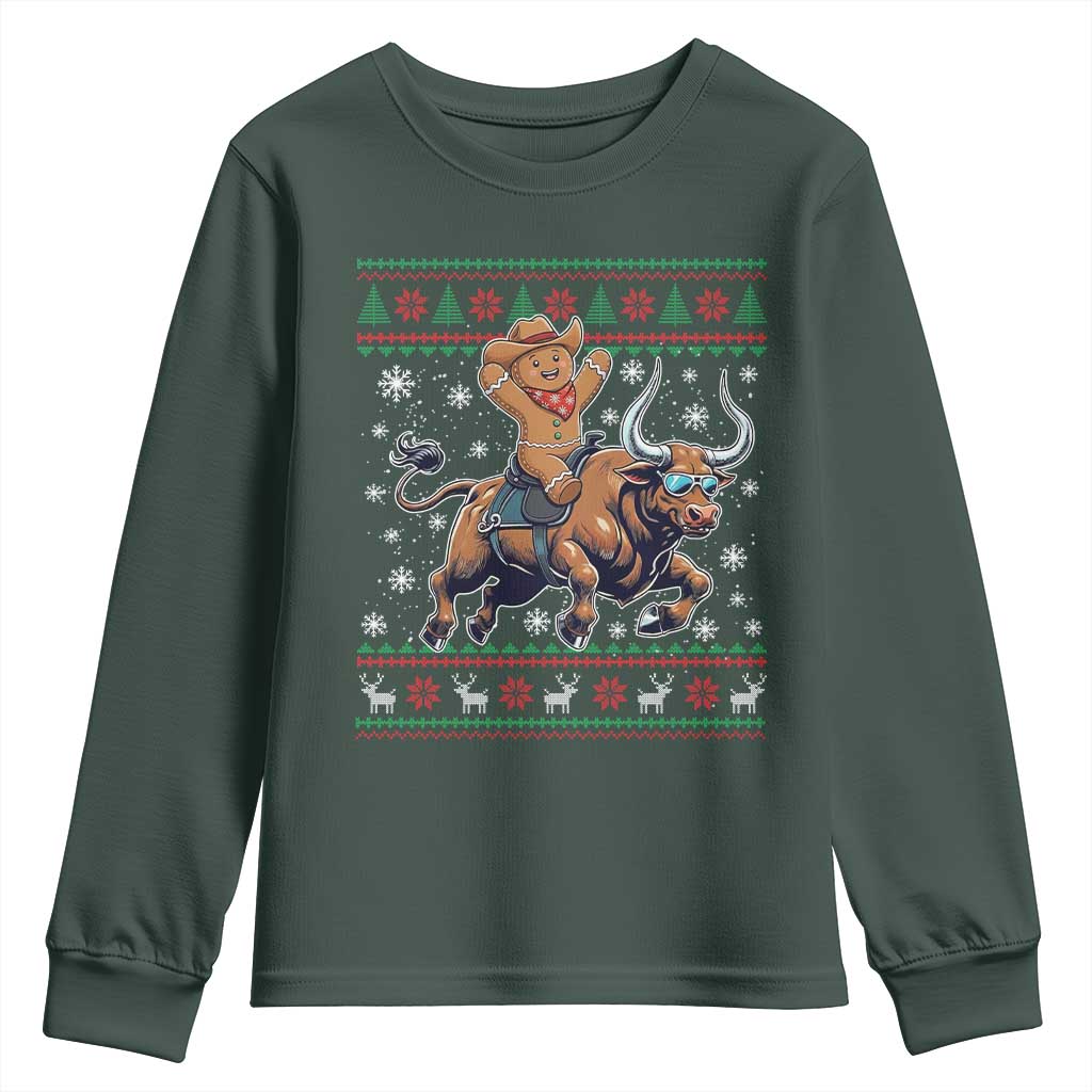 Funny Gingerbread Man Riding Bull Youth Sweatshirt Cowboy Western Rodeo Christmas Gift TS12 Dark Forest Green Print Your Wear