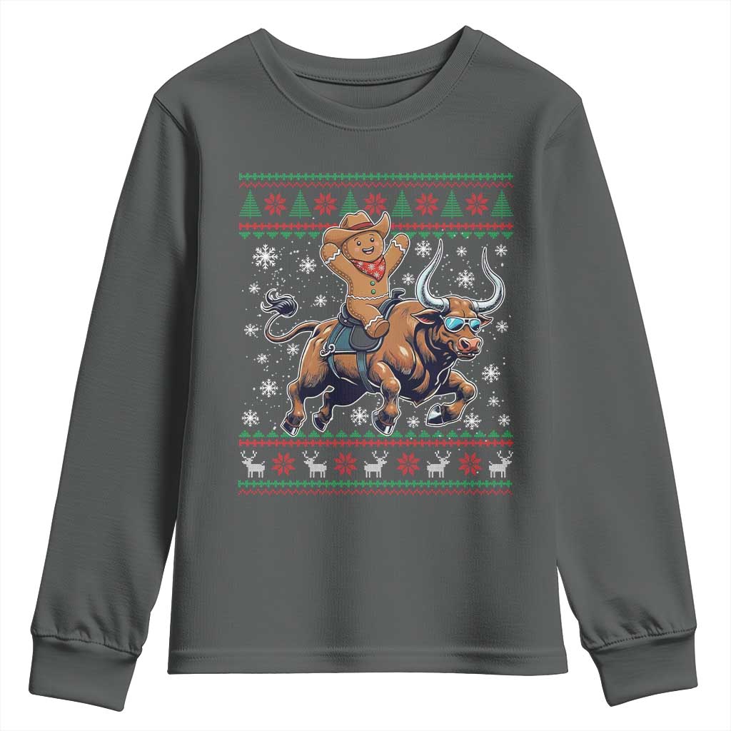 Funny Gingerbread Man Riding Bull Youth Sweatshirt Cowboy Western Rodeo Christmas Gift TS12 Dark Heather Print Your Wear