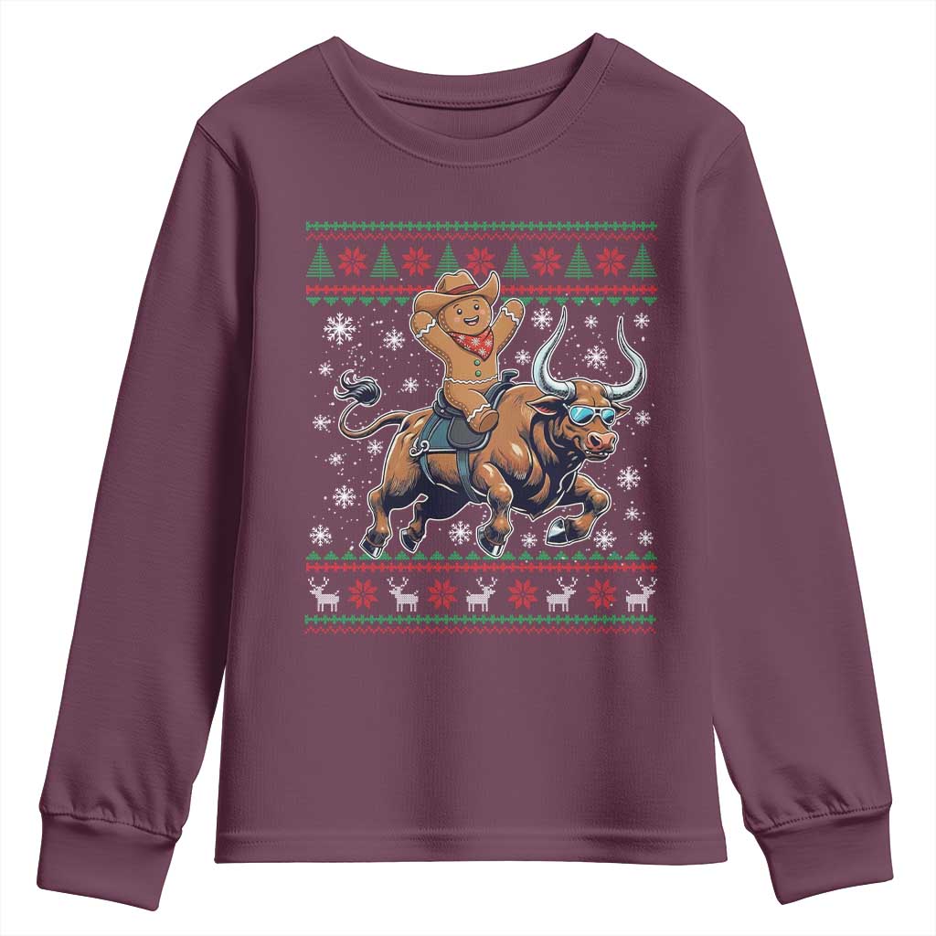 Funny Gingerbread Man Riding Bull Youth Sweatshirt Cowboy Western Rodeo Christmas Gift TS12 Maroon Print Your Wear
