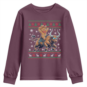 Funny Gingerbread Man Riding Bull Youth Sweatshirt Cowboy Western Rodeo Christmas Gift TS12 Maroon Print Your Wear
