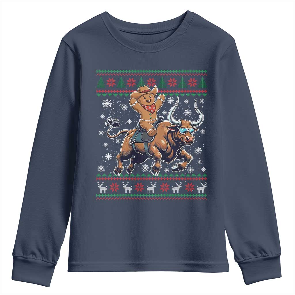 Funny Gingerbread Man Riding Bull Youth Sweatshirt Cowboy Western Rodeo Christmas Gift TS12 Navy Print Your Wear