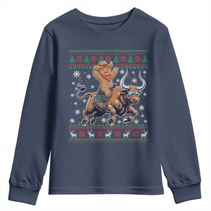Funny Gingerbread Man Riding Bull Youth Sweatshirt Cowboy Western Rodeo Christmas Gift TS12 Navy Print Your Wear