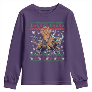 Funny Gingerbread Man Riding Bull Youth Sweatshirt Cowboy Western Rodeo Christmas Gift TS12 Purple Print Your Wear