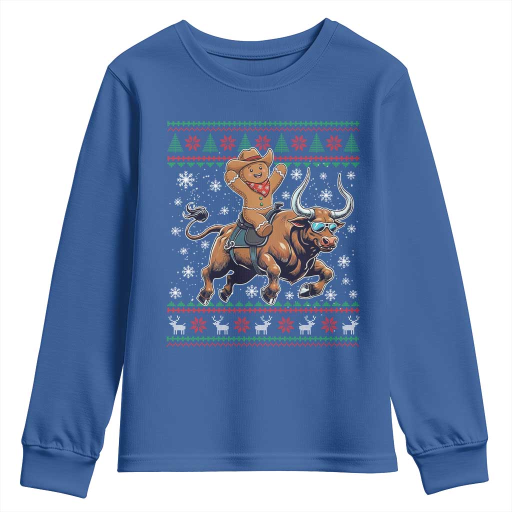 Funny Gingerbread Man Riding Bull Youth Sweatshirt Cowboy Western Rodeo Christmas Gift TS12 Royal Blue Print Your Wear