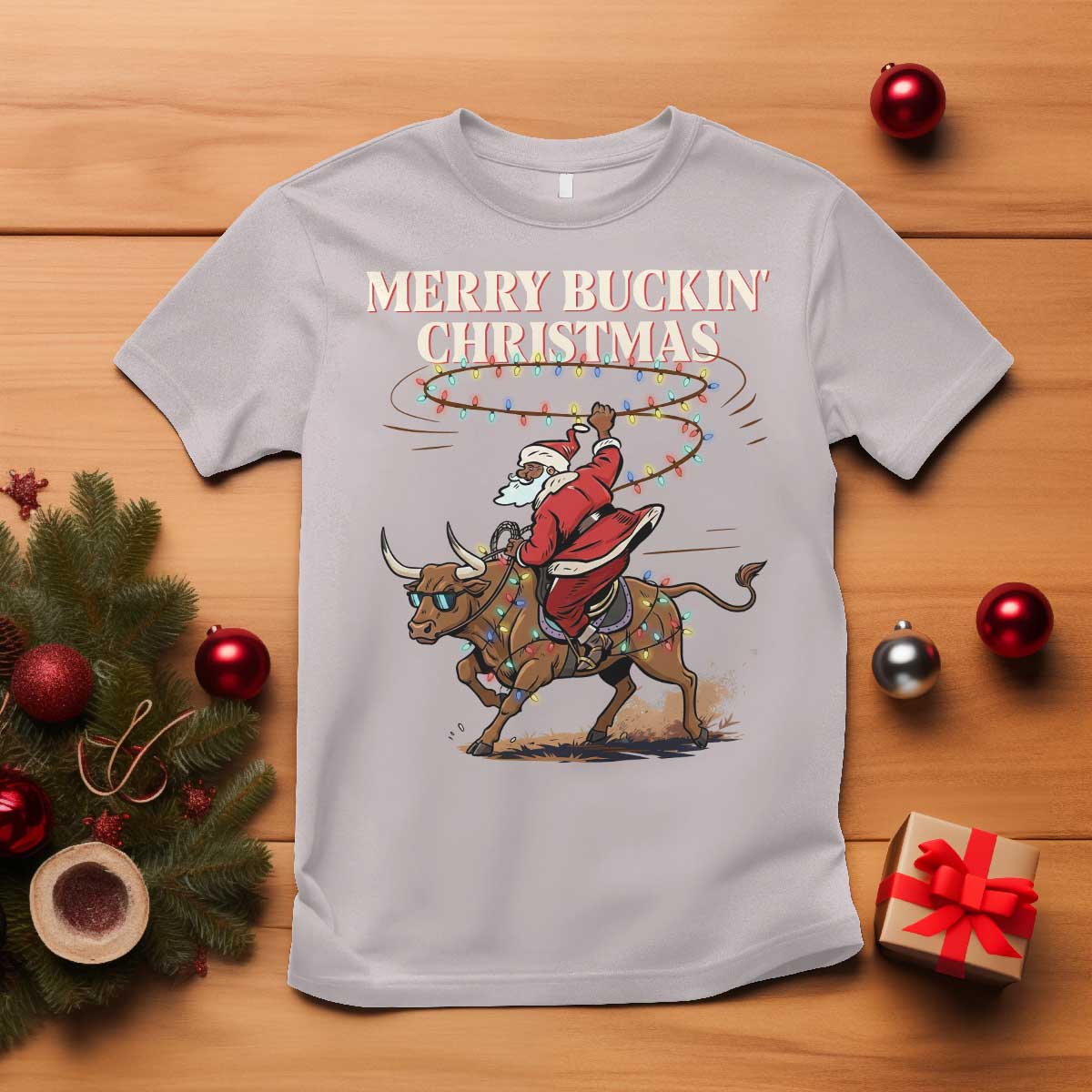 Merry Buckin Christmas T Shirt Black Santa Western Rodeo Gift TS12 Ice Gray Print Your Wear