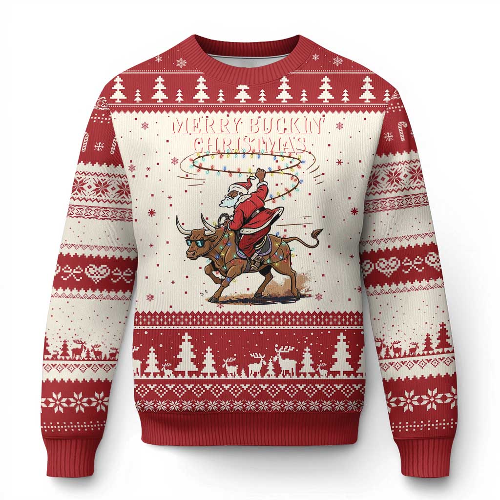 Merry Buckin Xmas Ugly Christmas Sweater Black Santa Western Rodeo Gift TS12 Beige Red Print Your Wear