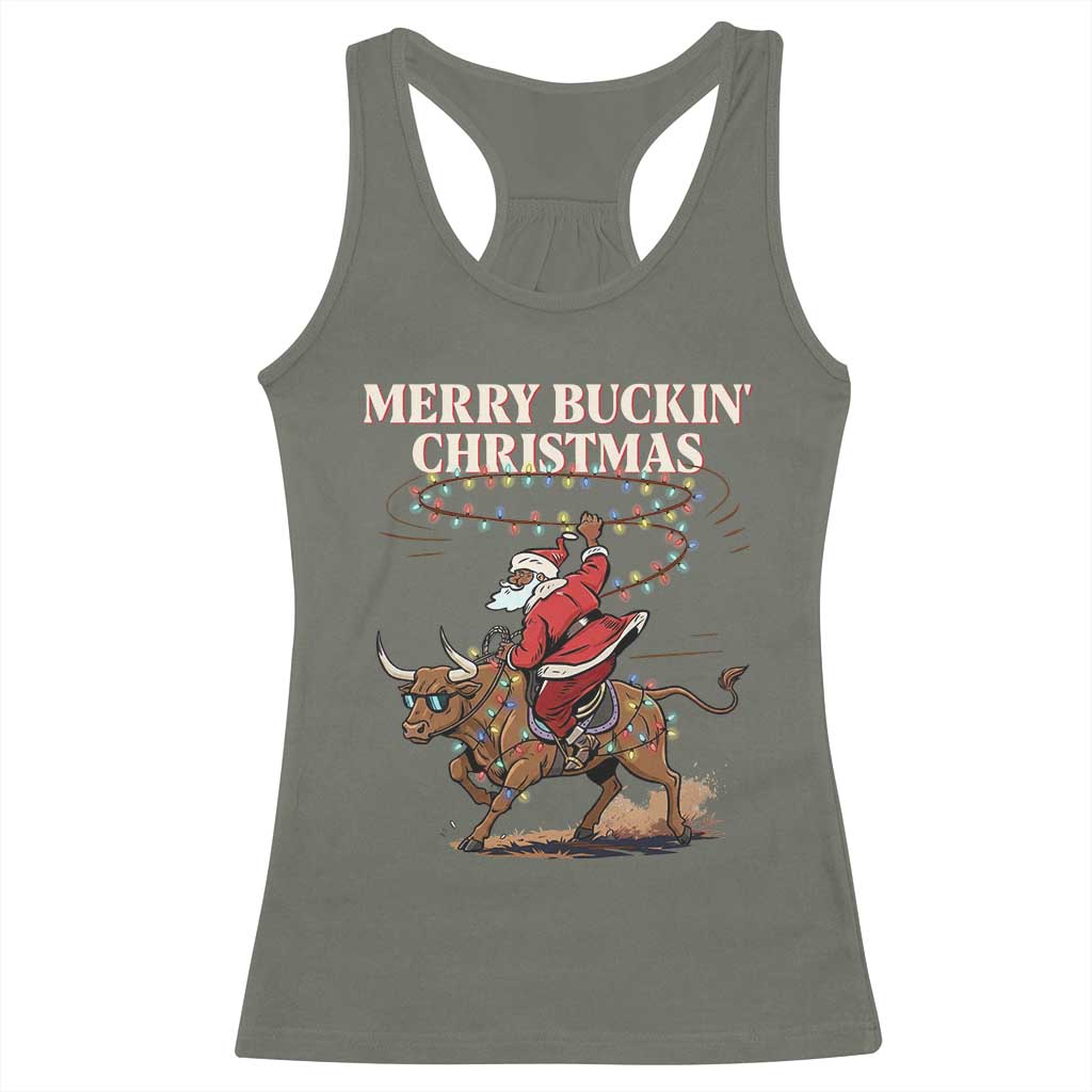 Merry Buckin Christmas Racerback Tank Top Black Santa Western Rodeo Gift TS12 Military Green Print Your Wear