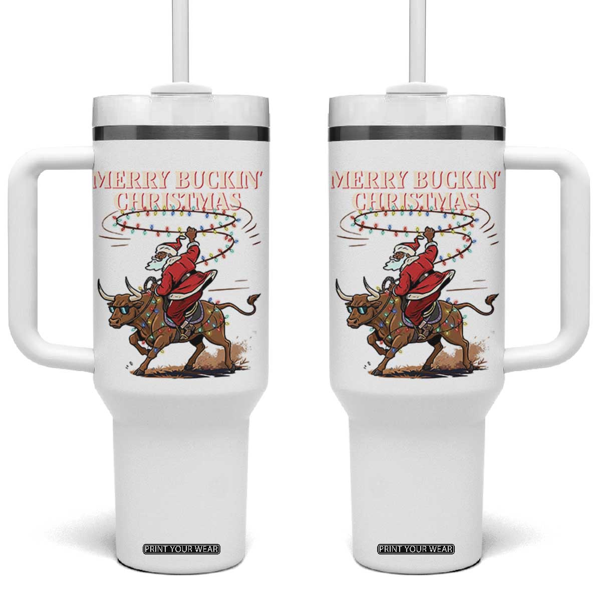 Merry Buckin Christmas Tumbler With Handle Black Santa Western Rodeo Gift TS12 One Size: 40 oz White Print Your Wear