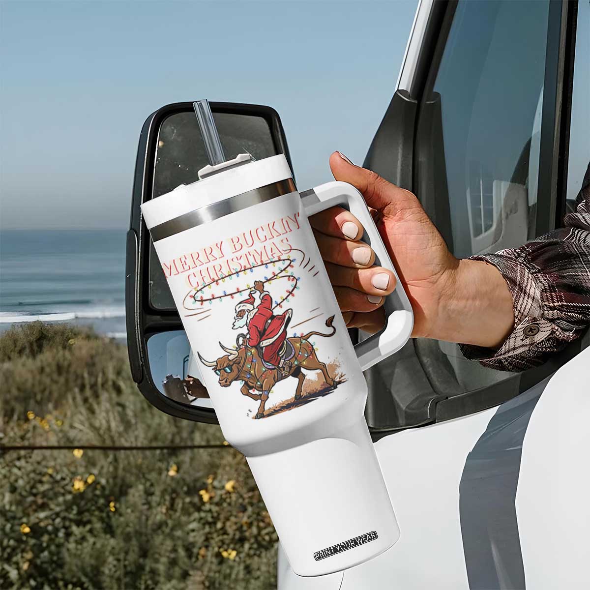Merry Buckin Christmas Tumbler With Handle Black Santa Western Rodeo Gift TS12 Print Your Wear