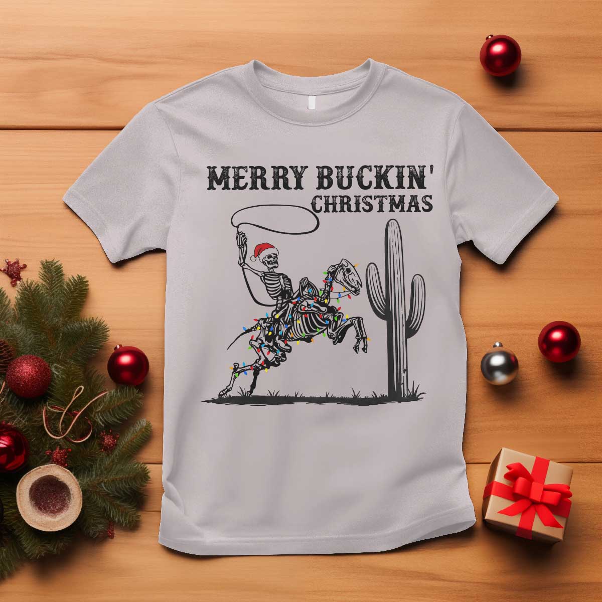 Merry Buckin Christmas T Shirt Funny Skeleton Santa Horse Rider TS12 Ice Gray Print Your Wear