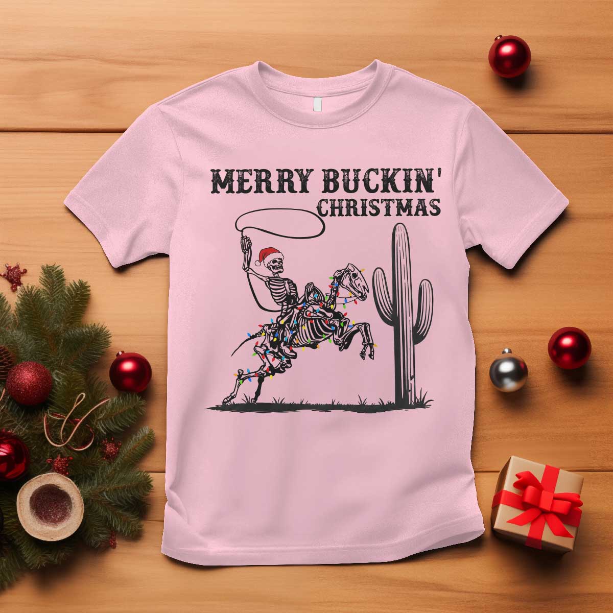 Merry Buckin Christmas T Shirt Funny Skeleton Santa Horse Rider TS12 Light Pink Print Your Wear