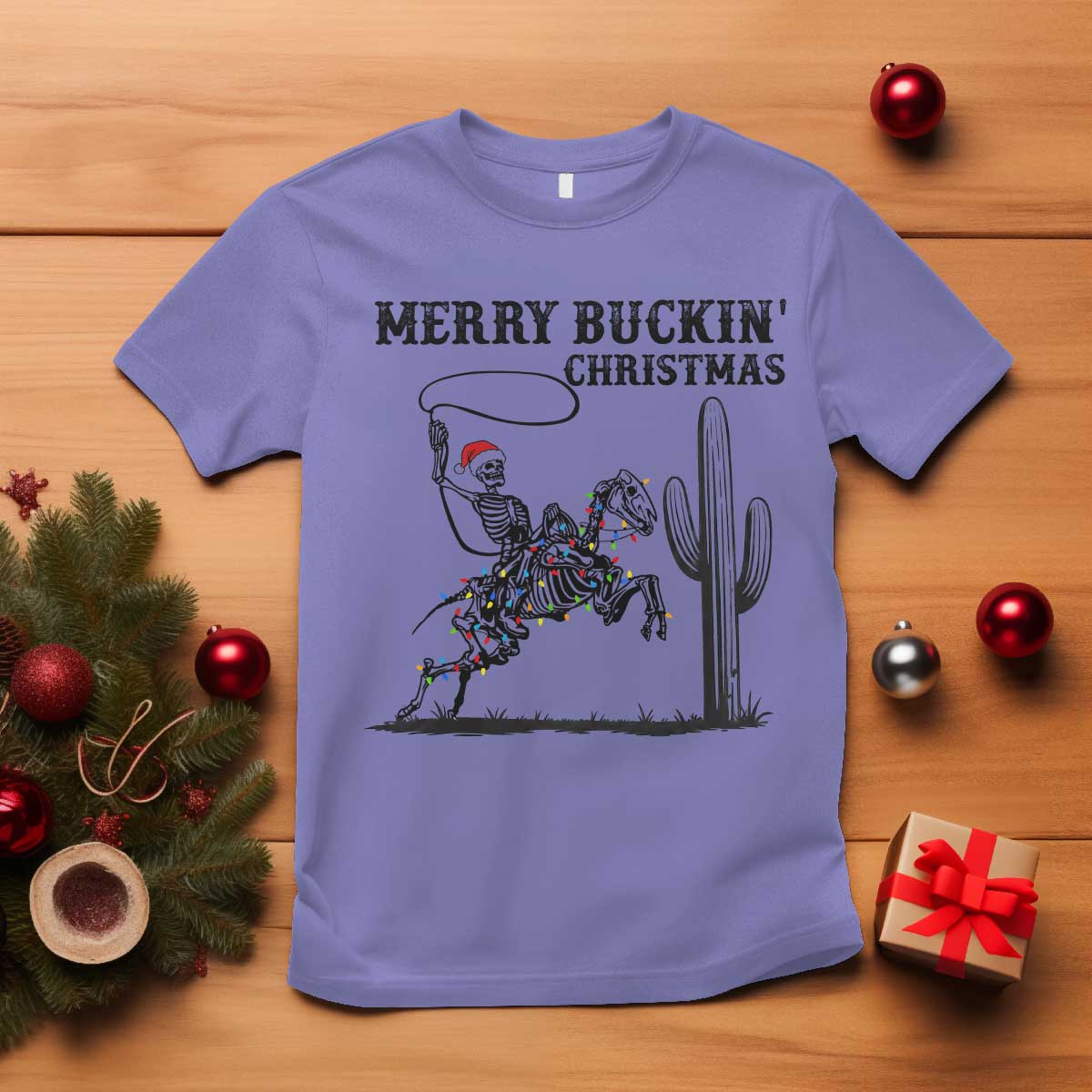 Merry Buckin Christmas T Shirt Funny Skeleton Santa Horse Rider TS12 Violet Print Your Wear