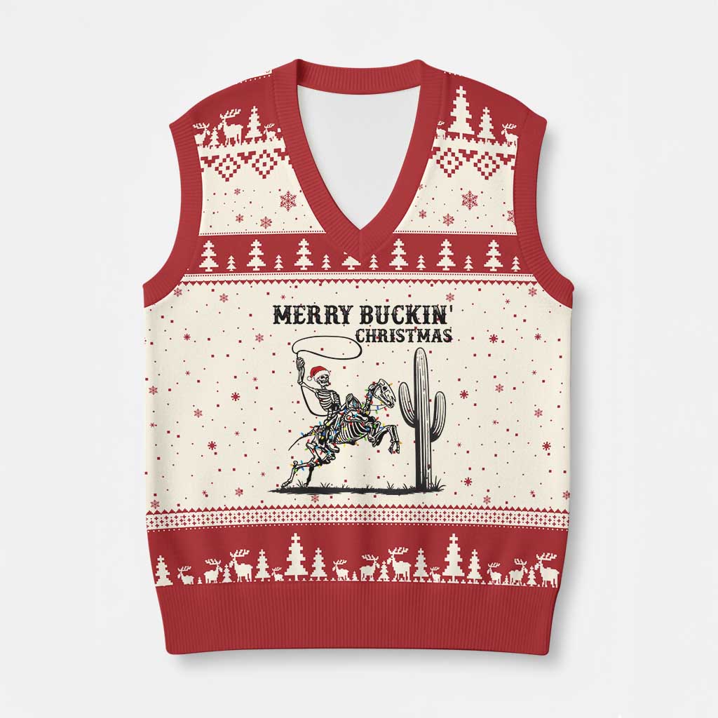 Merry Buckin Xmas V-Neck Knit Sweater Vest Funny Skeleton Santa Horse Rider TS12 Beige Red Print Your Wear