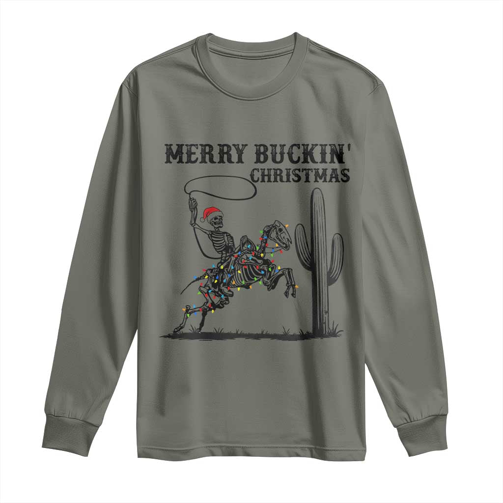 Merry Buckin Christmas Long Sleeve Shirt Funny Skeleton Santa Horse Rider TS12 Military Green Print Your Wear