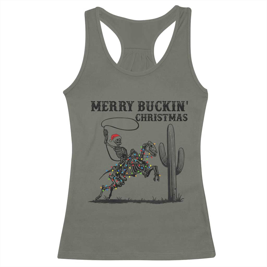 Merry Buckin Christmas Racerback Tank Top Funny Skeleton Santa Horse Rider TS12 Military Green Print Your Wear