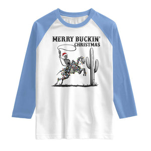 Merry Buckin Christmas Raglan Shirt Funny Skeleton Santa Horse Rider TS12 White Carolina Blue Print Your Wear