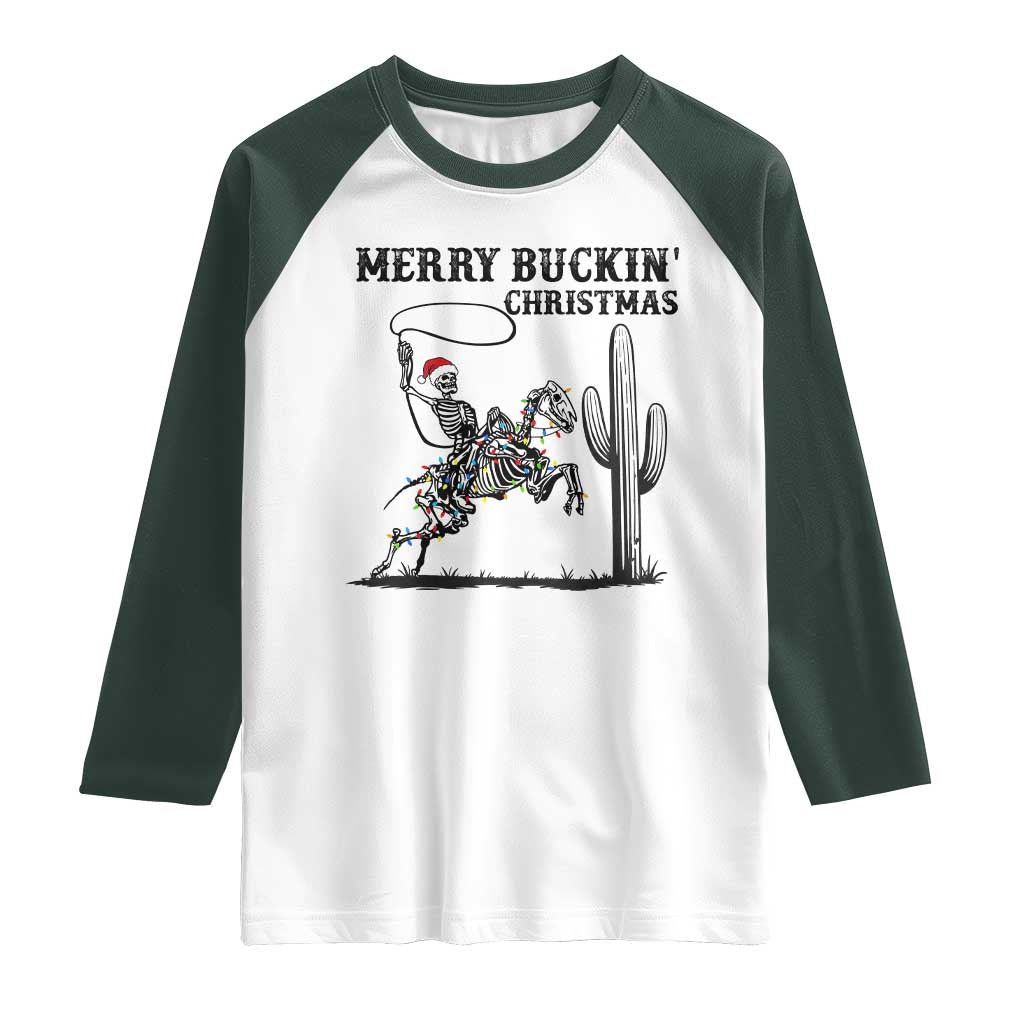 Merry Buckin Christmas Raglan Shirt Funny Skeleton Santa Horse Rider TS12 White Dark Forest Green Print Your Wear