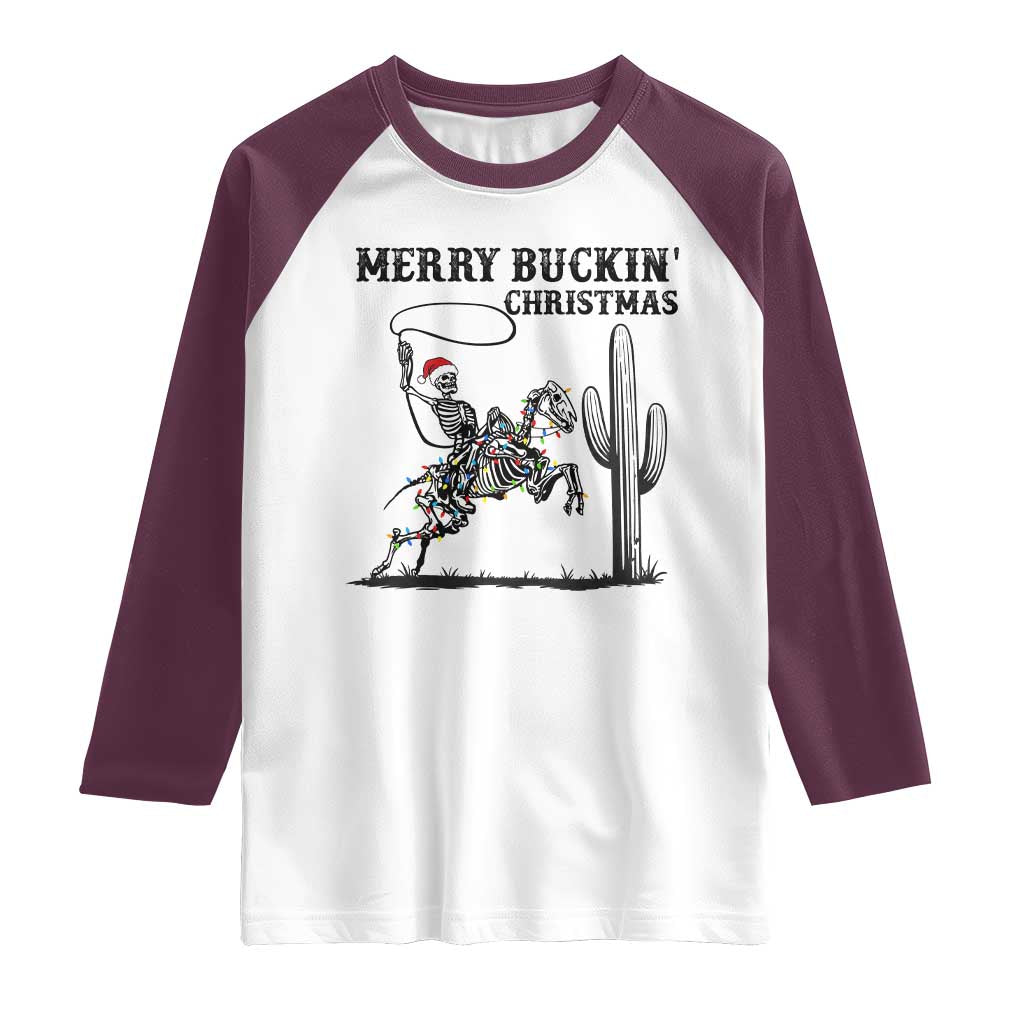 Merry Buckin Christmas Raglan Shirt Funny Skeleton Santa Horse Rider TS12 White Maroon Print Your Wear