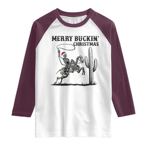 Merry Buckin Christmas Raglan Shirt Funny Skeleton Santa Horse Rider TS12 White Maroon Print Your Wear